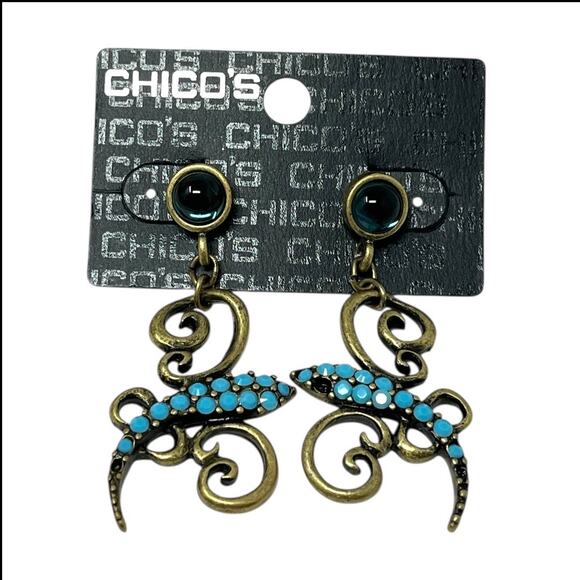 Chico’s Turquoise Lizard Drop Earrings – Bronze-Tone Scroll Design (Flaw) - Picture 1 of 4